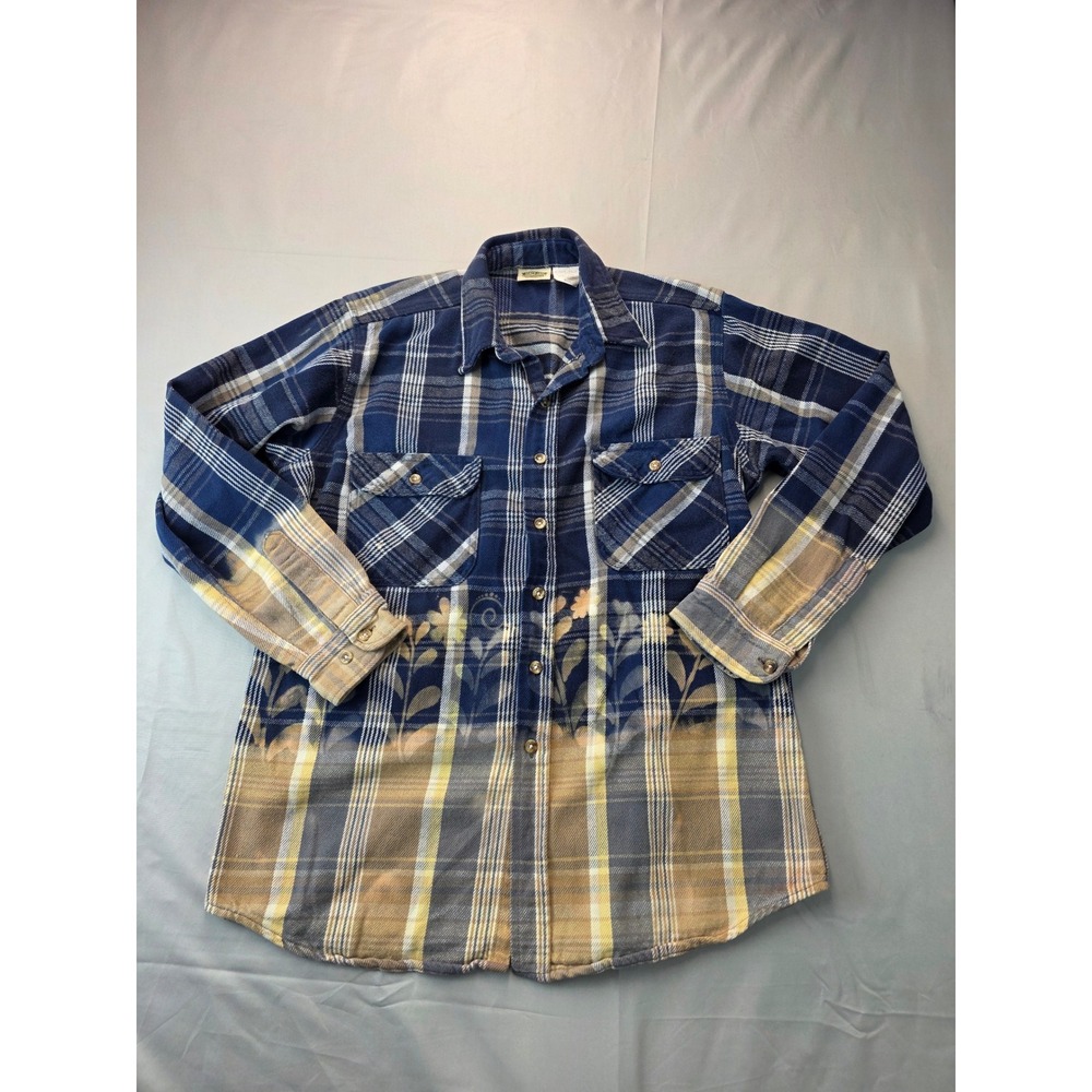 FiveBrother Custom Tie Dye Floral Plaid Flannel Shirt Mens Large Blue White